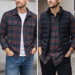 Woolrich Red and Gray Plaid Casual Button Down Shirt